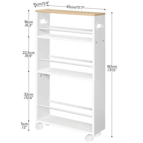 Chariot de cuisine étroit, 4-Chariot de service de cuisine à niveaux avec roues rotatives à 360° et garde-corps, Étagère de rangement robuste de style industriel, Facile à assembler, Blanc & Naturel
