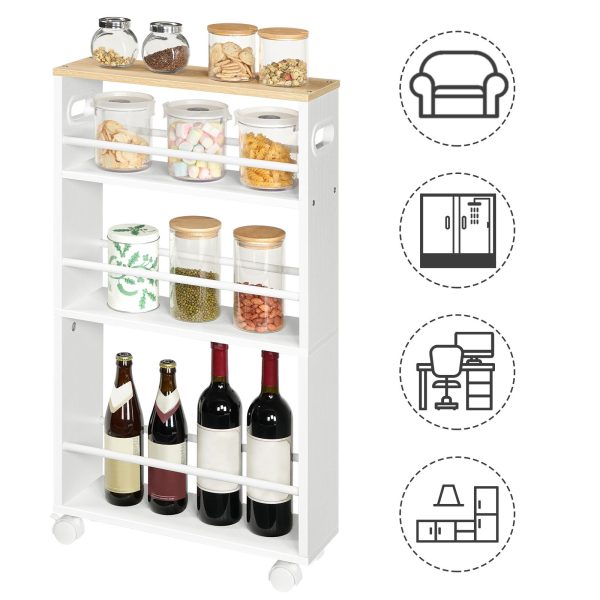 Chariot de cuisine étroit, 4-Chariot de service de cuisine à niveaux avec roues rotatives à 360° et garde-corps, Étagère de rangement robuste de style industriel, Facile à assembler, Blanc & Naturel