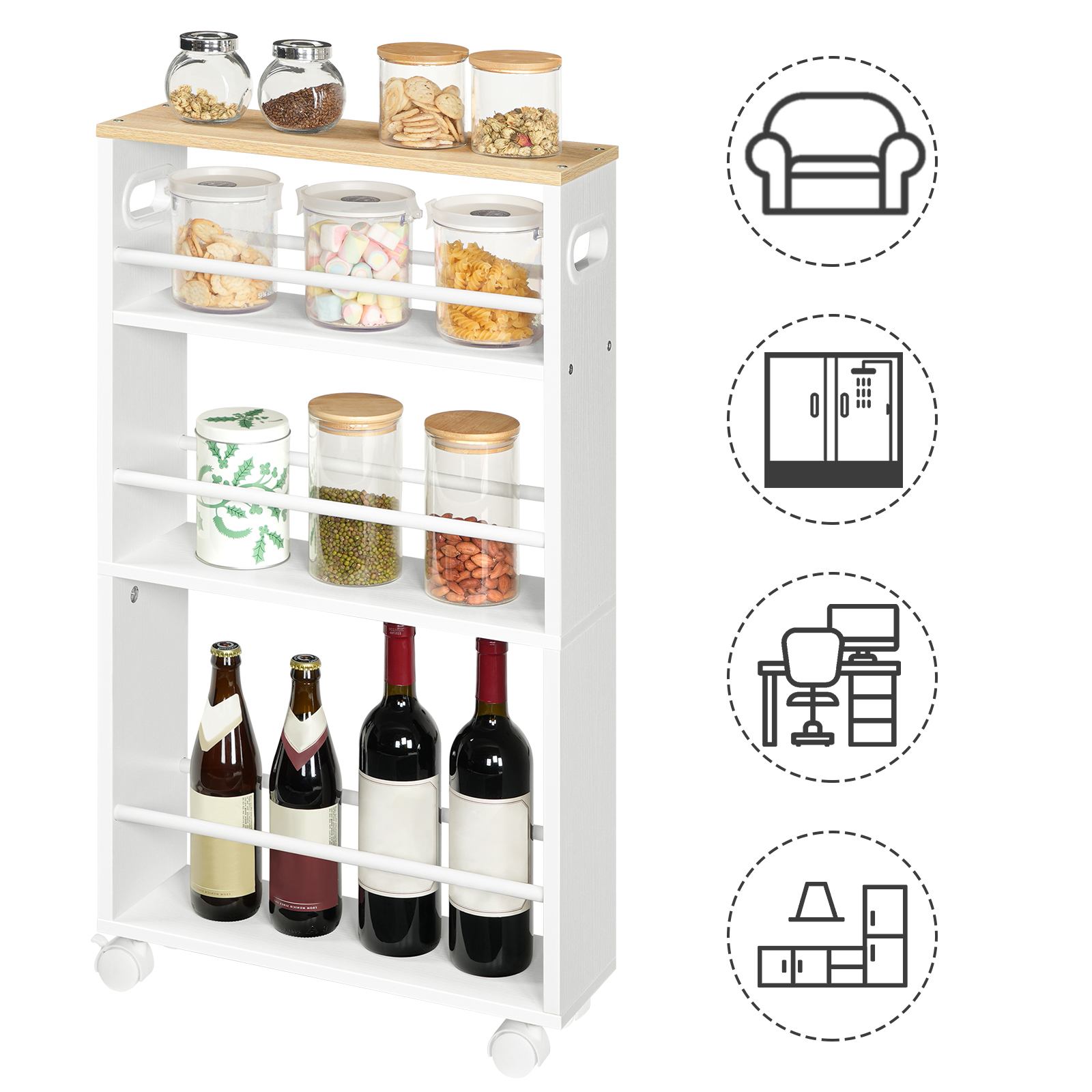 Узкая кухонная тележка, 4-Сервировочная тележка для кухни Tier с вращающимися на 360° колесами и перилами, Прочная полка для хранения в индустриальном стиле, Легко собирать, Белый & Естественный