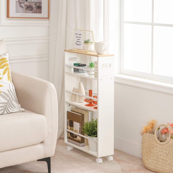 Chariot de cuisine étroit, 4-Chariot de service de cuisine à niveaux avec roues rotatives à 360° et garde-corps, Étagère de rangement robuste de style industriel, Facile à assembler, Blanc & Naturel