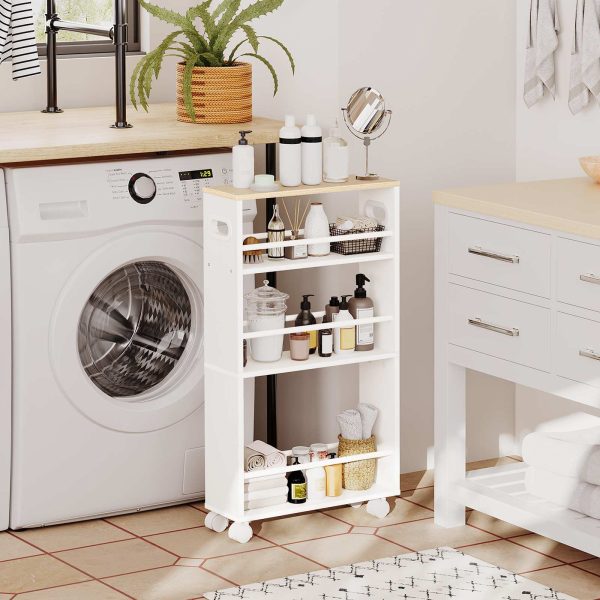 Chariot de cuisine étroit, 4-Chariot de service de cuisine à niveaux avec roues rotatives à 360° et garde-corps, Étagère de rangement robuste de style industriel, Facile à assembler, Blanc & Naturel