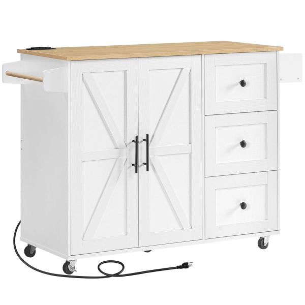Kücheninsel mit Steckdose, Rollbarer mobiler Kücheninselwagen mit 3 Schubladen, Lagerschrank und einstellbares Regal, Geeignet für Zuhause und Küche, Weiß und natürlich