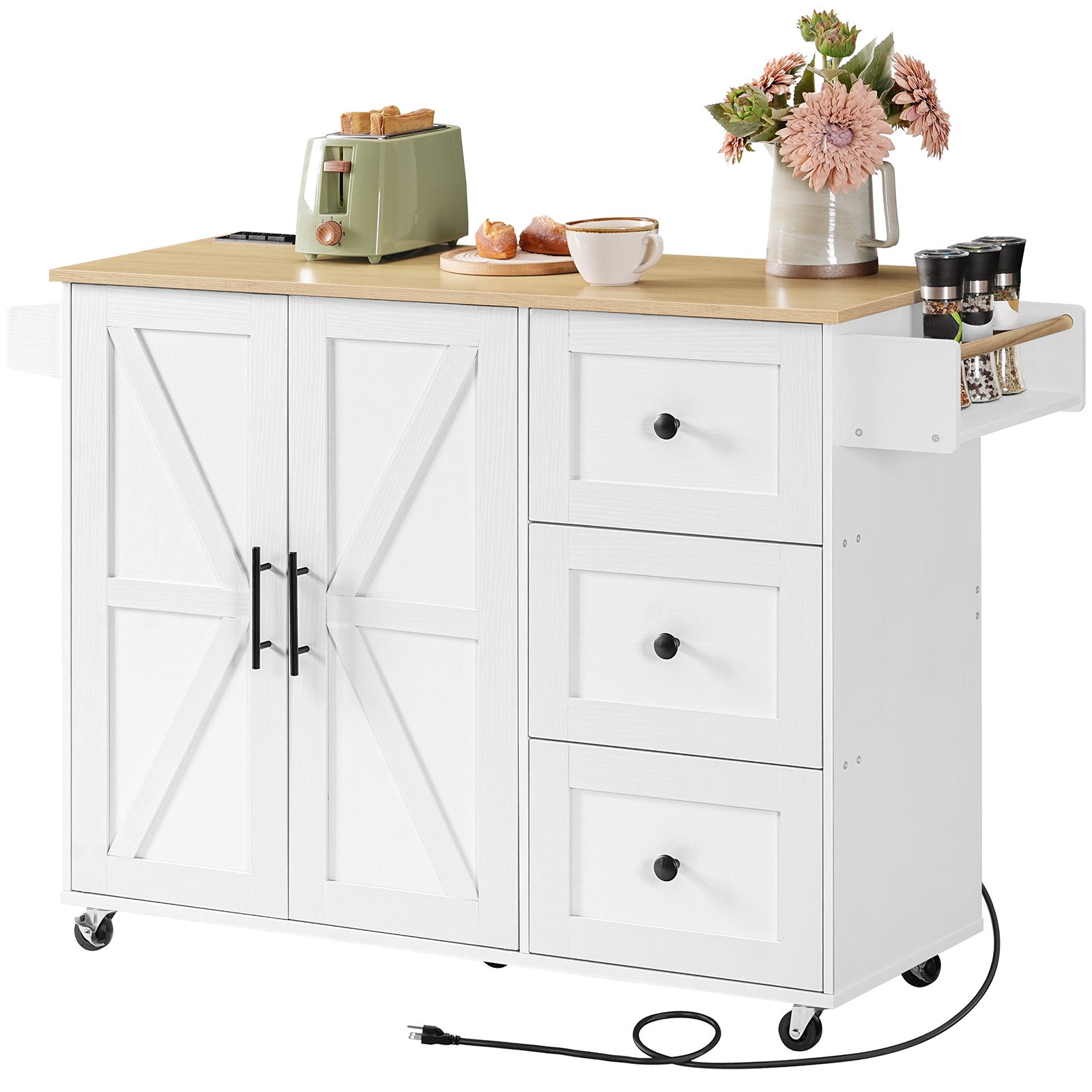 Kitchen Island with Power Outlet, Rolling Mobile Kitchen Island Cart with 3 Drawers, Storage Cabinet and Adjustable Shelf, Suitable for Home and Kitchen, White and Natural