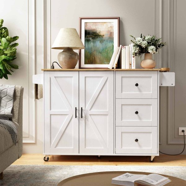 Kücheninsel mit Steckdose, Rollbarer mobiler Kücheninselwagen mit 3 Schubladen, Lagerschrank und einstellbares Regal, Geeignet für Zuhause und Küche, Weiß und natürlich