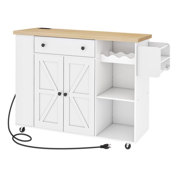 Mobile Kitchen Island Cart with Power Outlet, White & Natural Finish Rolling Storage Island with Cabinet, Wine Rack & Spice Rack