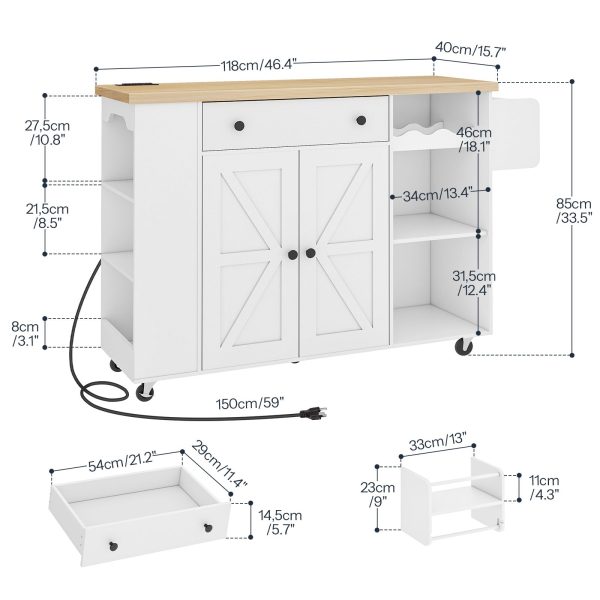 Mobile Kitchen Island Cart with Power Outlet, White & Natural Finish Rolling Storage Island with Cabinet, Wine Rack & Spice Rack