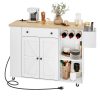Mobile Kitchen Island Cart with Power Outlet, White & Natural Finish Rolling Storage Island with Cabinet, Wine Rack & Spice Rack