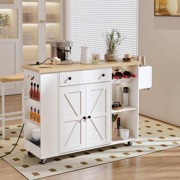 Mobile Kitchen Island Cart with Power Outlet, White & Natural Finish Rolling Storage Island with Cabinet, Wine Rack & Spice Rack