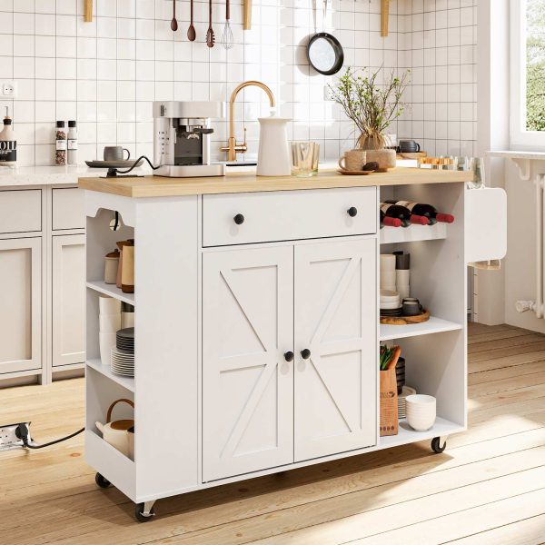 Mobile Kitchen Island Cart with Power Outlet, White & Natural Finish Rolling Storage Island with Cabinet, Wine Rack & Spice Rack