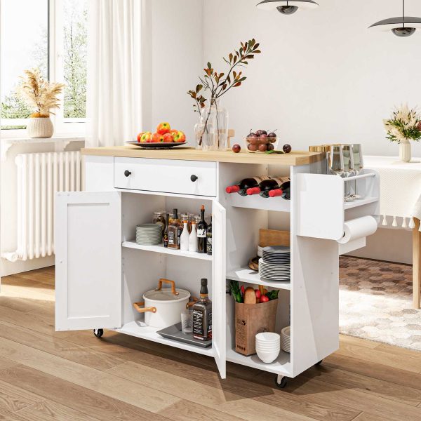 Mobile Kitchen Island Cart with Power Outlet, White & Natural Finish Rolling Storage Island with Cabinet, Wine Rack & Spice Rack