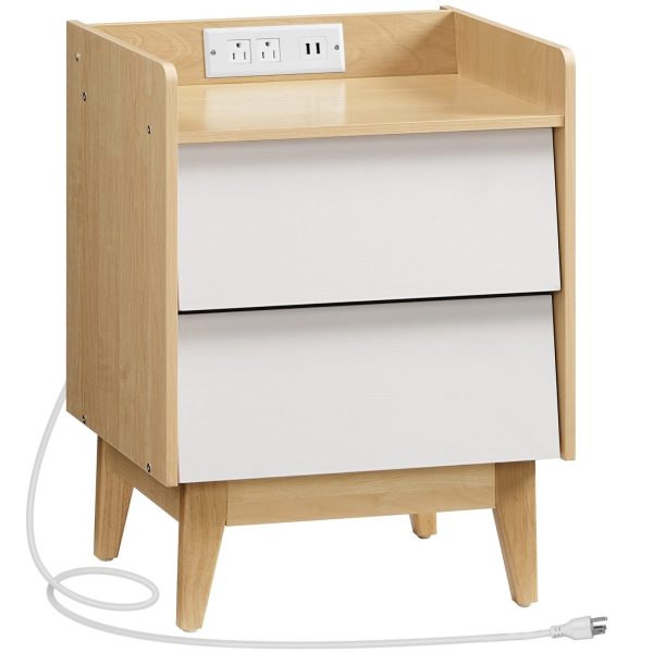 Tavolino in stile nordico con stazione di ricarica, Tavolino dotato di 2 Prese CA e 2 Porte USB, Adatto per camera da letto e soggiorno, Naturale & Finitura bianca