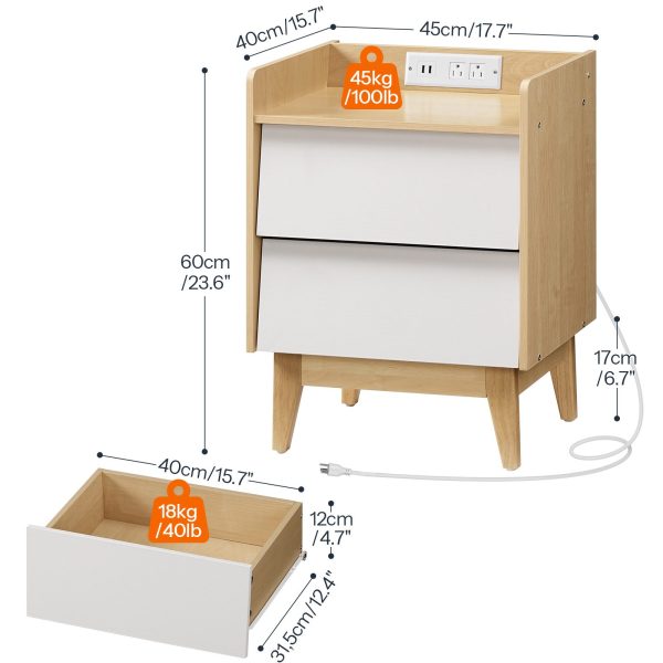 Tavolino in stile nordico con stazione di ricarica, Tavolino dotato di 2 Prese CA e 2 Porte USB, Adatto per camera da letto e soggiorno, Naturale & Finitura bianca