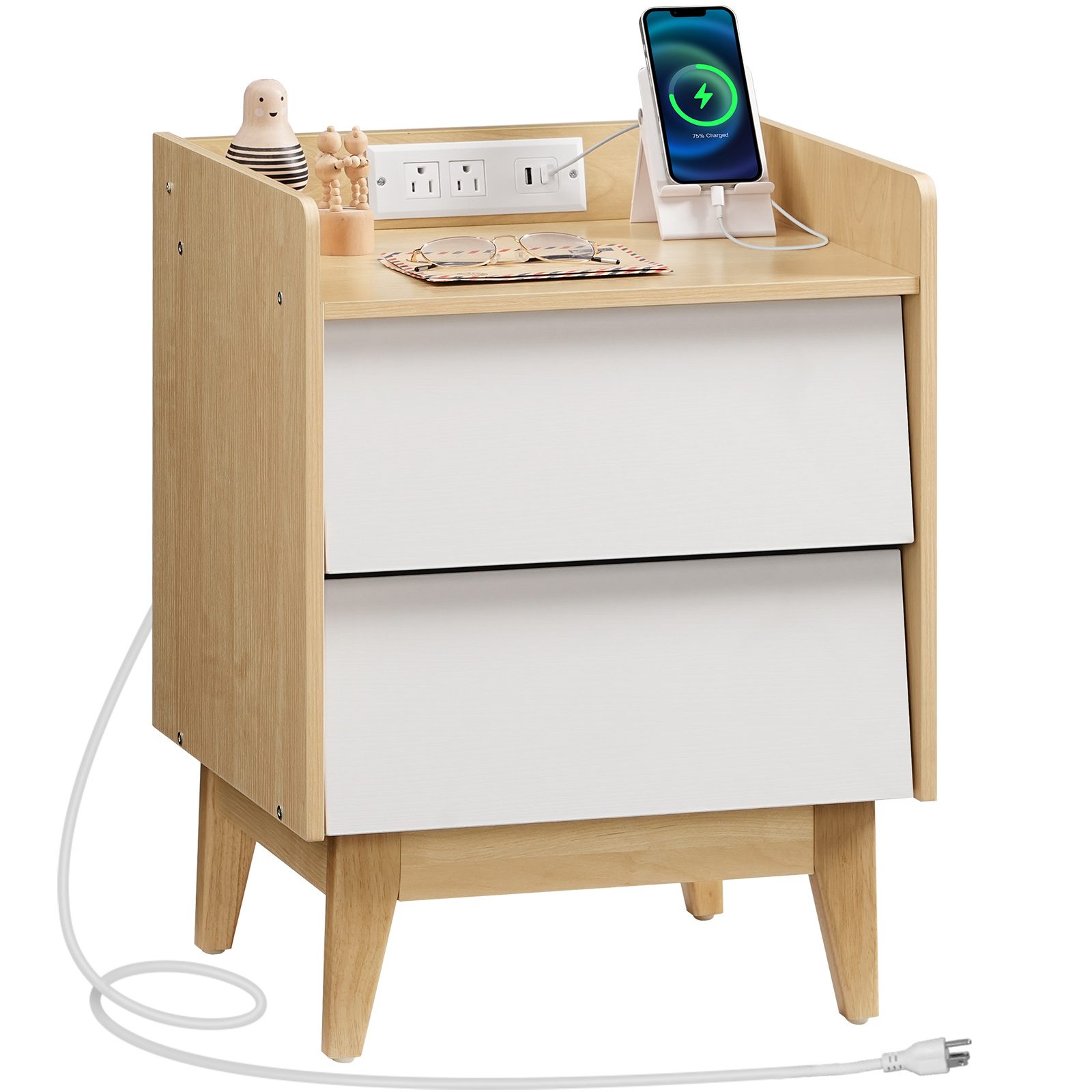 Nordic Style End Table with Charging Station, Side Table Equipped with 2 Prese CA e 2 Porte USB, Adatto per camera da letto e soggiorno, Naturale & Finitura bianca