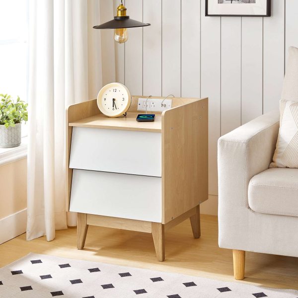 Tavolino in stile nordico con stazione di ricarica, Tavolino dotato di 2 Prese CA e 2 Porte USB, Adatto per camera da letto e soggiorno, Naturale & Finitura bianca