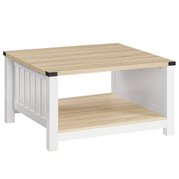 Farmhouse Style Square Coffee Table, Natural Finish Wooden Cocktail Table with Semi-Open Compartment, Suitable for Living Room and Meeting Room