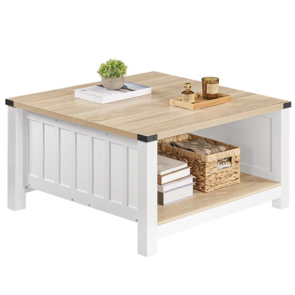Farmhouse Style Square Coffee Table, Natural Finish Wooden Cocktail Table with Semi-Open Compartment, Suitable for Living Room and Meeting Room
