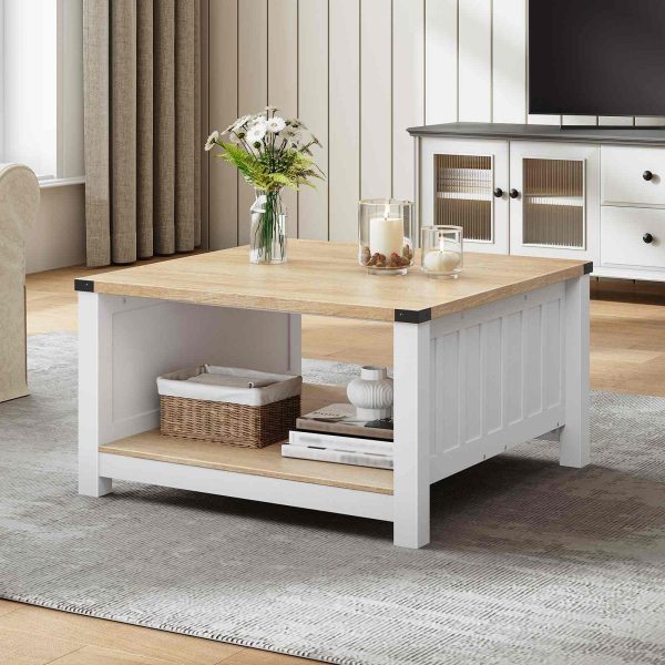 Farmhouse Style Square Coffee Table, Natural Finish Wooden Cocktail Table with Semi-Open Compartment, Suitable for Living Room and Meeting Room