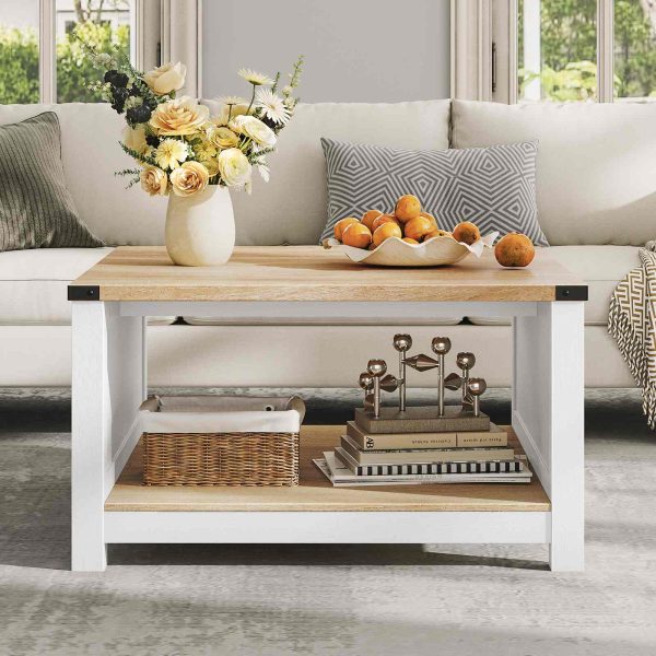 Farmhouse Style Square Coffee Table, Natural Finish Wooden Cocktail Table with Semi-Open Compartment, Suitable for Living Room and Meeting Room