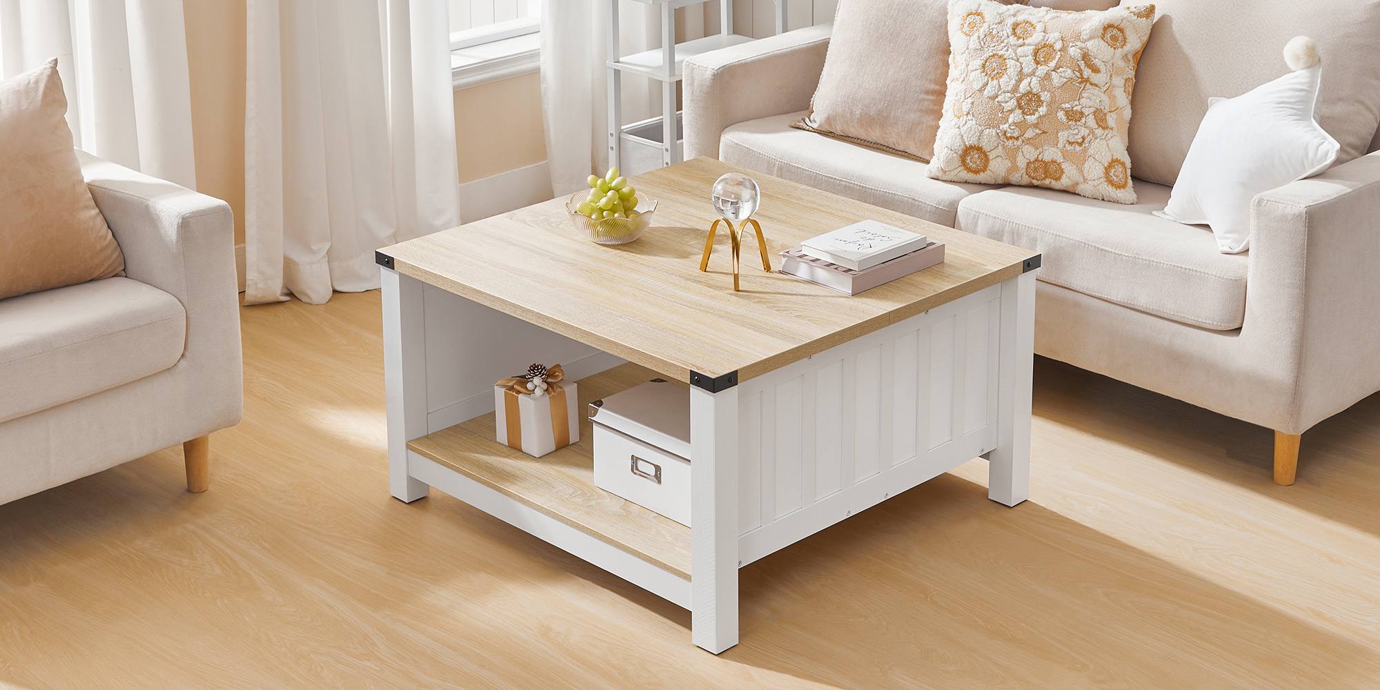 Farmhouse Style Square Coffee Table, Natural Finish Wooden Cocktail Table with Semi-Open Compartment, Suitable for Living Room and Meeting Room