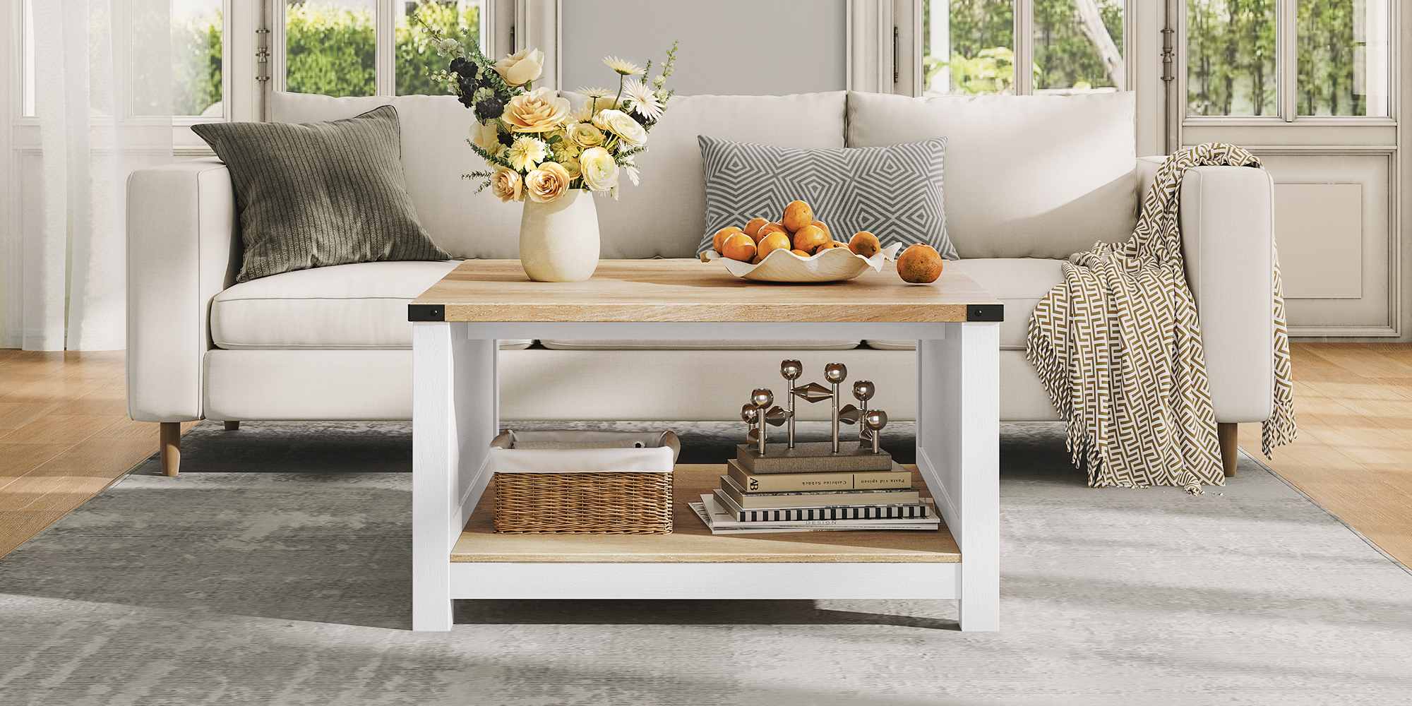 Farmhouse Style Square Coffee Table, Natural Finish Wooden Cocktail Table with Semi-Open Compartment, Suitable for Living Room and Meeting Room