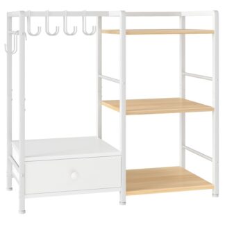 Valkoinen ja luonnollinen 3-tason kukkaro-järjestäjä kaappiin, Monitoiminen kukkaroteline 6 Koukut, Lattia seisova käsilaukku säilytysteline laatikolla, viittahuoneeseen, Aula, Makuuhuone