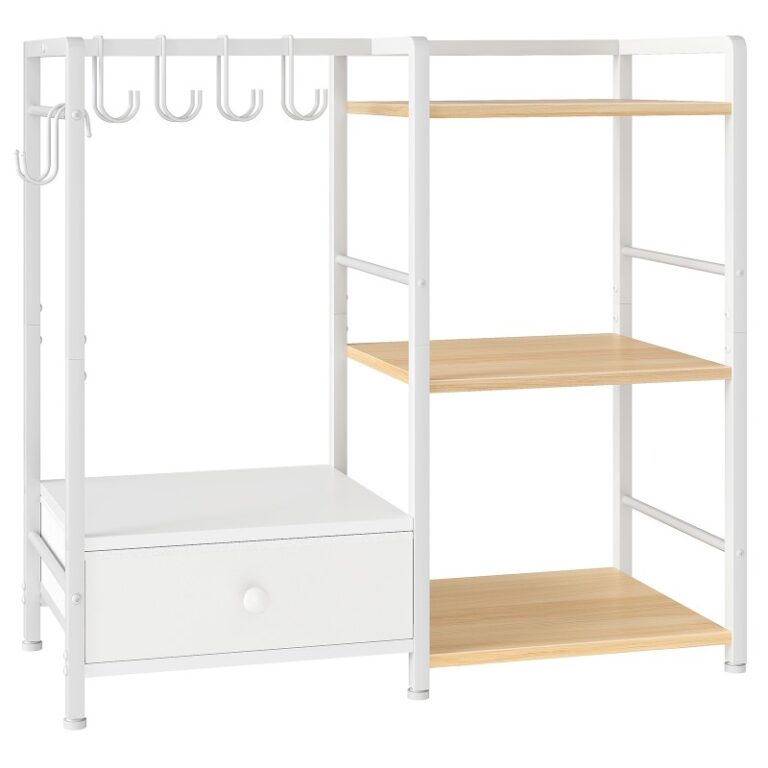 Organizador de bolso de 3 niveles blanco y natural para el armario, Bastidor multifuncional con 6 Manos, Estante de almacenamiento de bolsos de pie de piso con cajón, Para el vestuario, Vestíbulo, Dormitorio