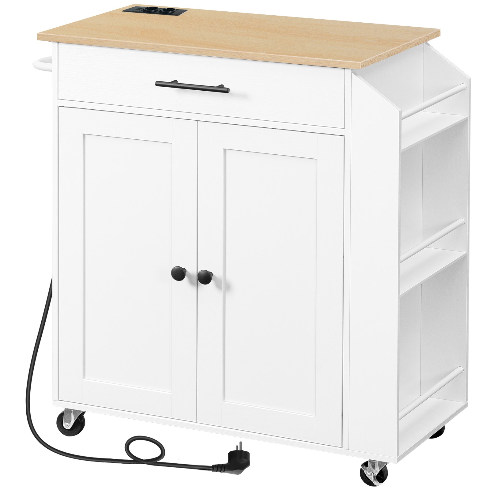 Kitchen Trolley with Worktop, Integrated Power Strip Kitchen Island, Movable Storage Trolley with Drawer and Spice Rack, Wheeled Utility Kitchen Cart