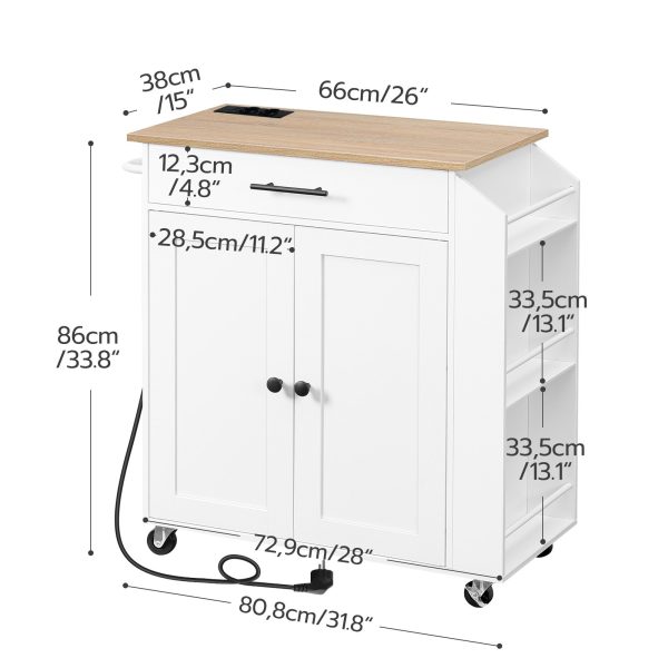 Kitchen Trolley with Worktop, Integrated Power Strip Kitchen Island, Movable Storage Trolley with Drawer and Spice Rack, Wheeled Utility Kitchen Cart