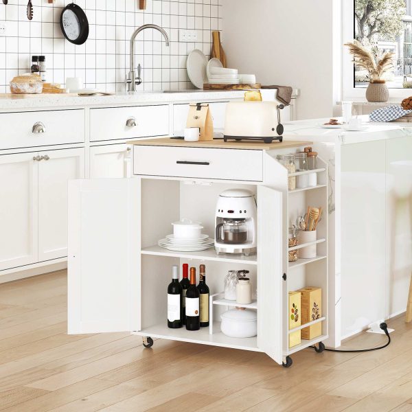 Kitchen Trolley with Worktop, Integrated Power Strip Kitchen Island, Movable Storage Trolley with Drawer and Spice Rack, Wheeled Utility Kitchen Cart
