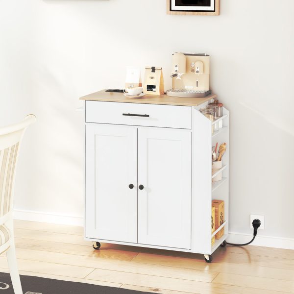 Kitchen Trolley with Worktop, Integrated Power Strip Kitchen Island, Movable Storage Trolley with Drawer and Spice Rack, Wheeled Utility Kitchen Cart