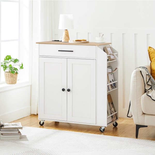 Kitchen Trolley with Worktop, Integrated Power Strip Kitchen Island, Movable Storage Trolley with Drawer and Spice Rack, Wheeled Utility Kitchen Cart