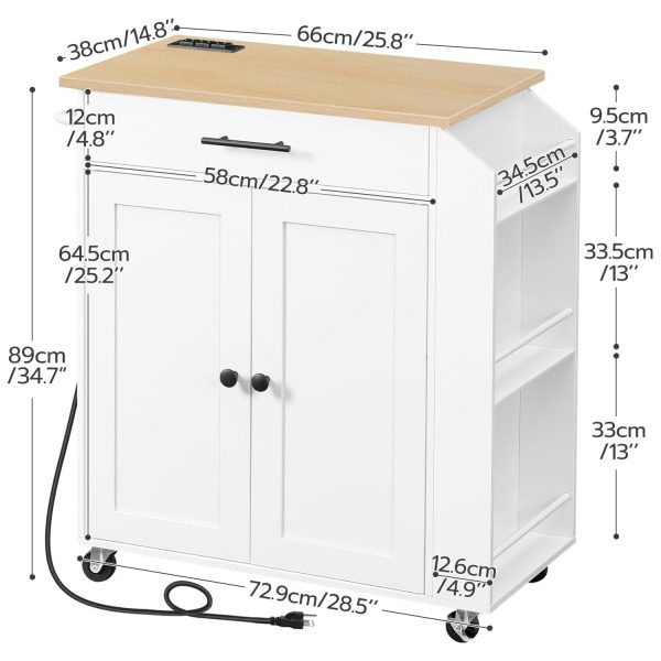 Weiß & Natürliche rollende Kücheninsel mit Steckdose, Aufbewahrungsinsel mit Gewürzregal und Schublade, Mobiler Küchenwagen für zu Hause, Küche & Esszimmer