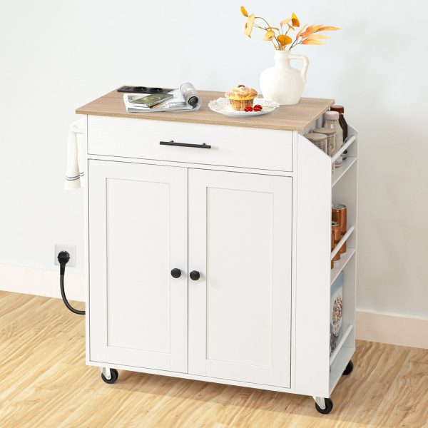 Weiß & Natürliche rollende Kücheninsel mit Steckdose, Aufbewahrungsinsel mit Gewürzregal und Schublade, Mobiler Küchenwagen für zu Hause, Küche & Esszimmer