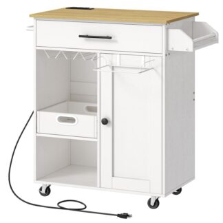 Kitchen Island with Power Outlet, Kitchen Storage Island with Open Shelves & Tray, Rolling Mobile Kitchen Island Table on Wheels with Towel Rack, White and Natural