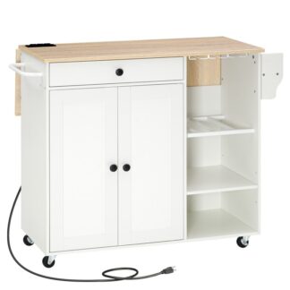 Wyspa kuchenna ze schowkiem, Wyspa kuchenna na kółkach ze składanym liściem, Stacja ładująca, Stojak na przyprawy, Szuflada, Mobilna wyspa kuchenna na kółkach, dla Kuchni, Biały i naturalny
