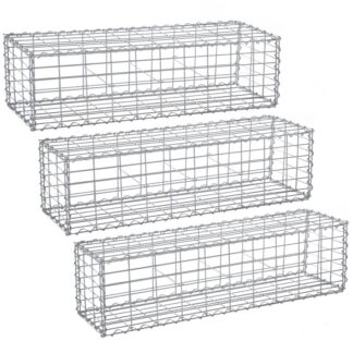 Gabion Set of 3 Stone Baskets, 100 x 30 x 30 cm, Mesh 10 x 5 cm, Galvanised Steel Garden Decoration, Silver with Spacers