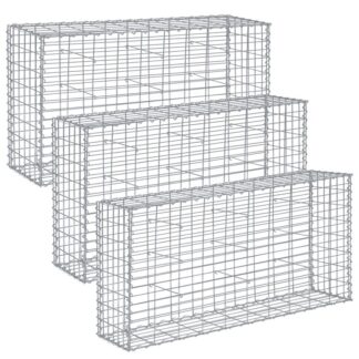 Gabion Set of 3 Stone Baskets, 100 x 30 x 80 cm, Mesh 10 x 5 cm, Galvanised Steel Garden Decoration, Silver, with Spacers