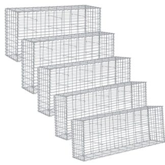 Gabion Set of 5 Stone Baskets, 100 x 30 x 80 cm, Mesh 10 x 5 cm, Galvanised Steel Garden Decoration, Silver with Spacers