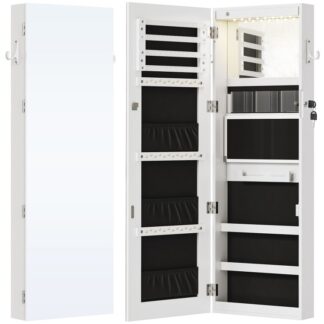 خزانة مجوهرات المرآة LED, خزانة مجوهرات مثبتة على الحائط/الباب مع مرآة كاملة الطول, خزانة تنظيم المجوهرات قابلة للقفل, مرآة مكياج LED مدمجة, هدية إبداعية, أبيض