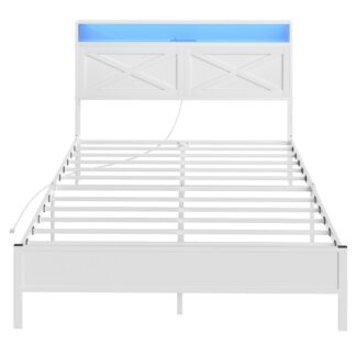 Weißer Bettrahmen in voller Größe, Bettgestell mit Ladestation und LED-Leuchten, Kopfteil mit Regalen, Robuster Metallrahmen, Geräuschfrei, Einfache Montage, Keine Boxspringbetten erforderlich