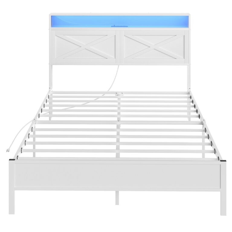 Cadre de lit en pleine grande taille, Cadre de lit avec station de recharge et lumières LED, Tête de lit avec étagères, Cadre en métal robuste, Sans bruit, Assemblage facile, Aucun sommier tapissier n’est nécessaire