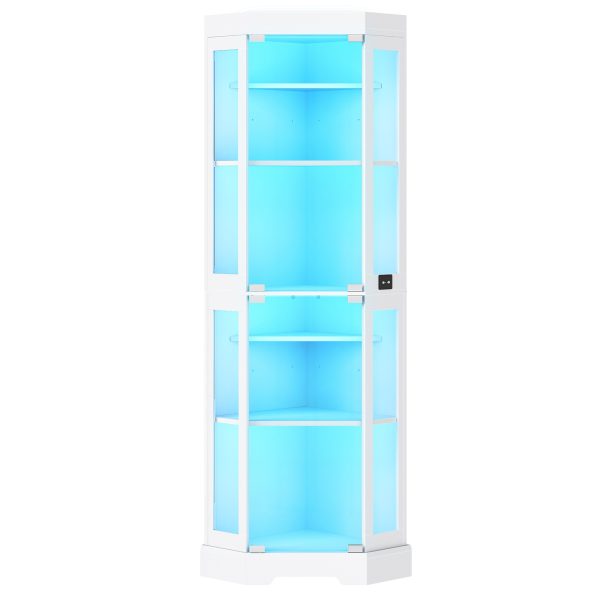 Corner Display Cabinet with Glass Doors, Glass Display Cabinet with LED Lights, 6-Tier Curio Cabinet for Collectibles & Books, Modern Corner Bookcase, White