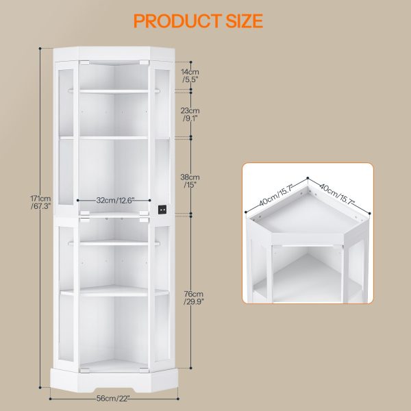 Corner Display Cabinet with Glass Doors, Glass Display Cabinet with LED Lights, 6-Tier Curio Cabinet for Collectibles & Books, Modern Corner Bookcase, White