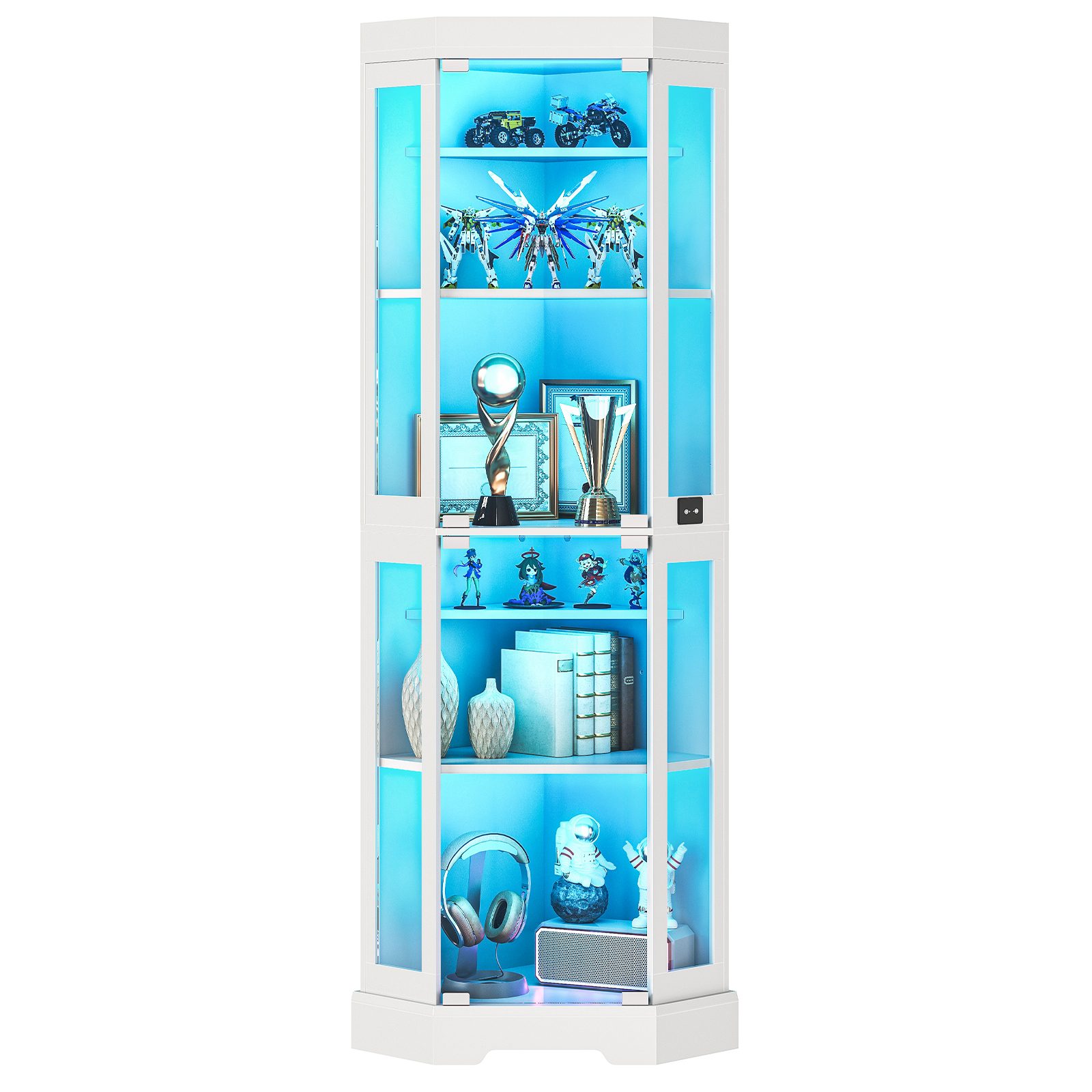Corner Display Cabinet with Glass Doors, Glass Display Cabinet with LED Lights, 6-Tier Curio Cabinet for Collectibles & Books, Modern Corner Bookcase, White