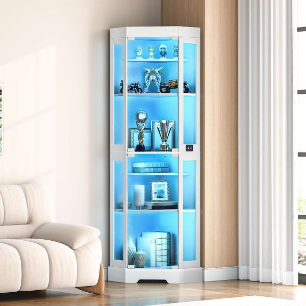 Corner Display Cabinet with Glass Doors, Glass Display Cabinet with LED Lights, 6-Tier Curio Cabinet for Collectibles & Books, Modern Corner Bookcase, White