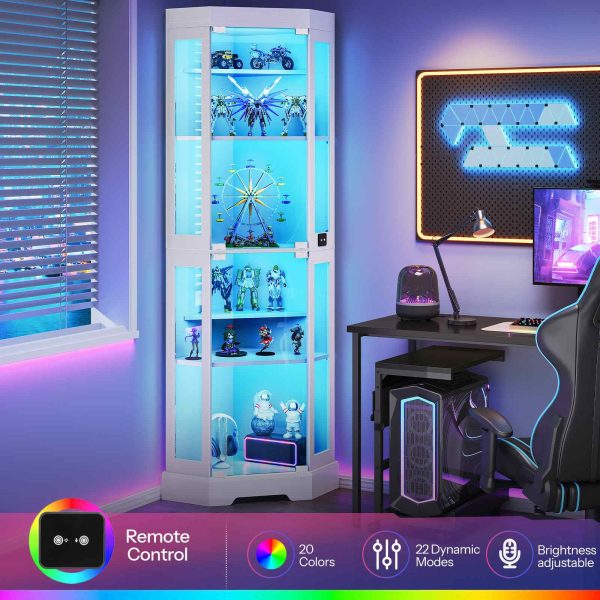 Corner Display Cabinet with Glass Doors, Glass Display Cabinet with LED Lights, 6-Tier Curio Cabinet for Collectibles & Books, Modern Corner Bookcase, White