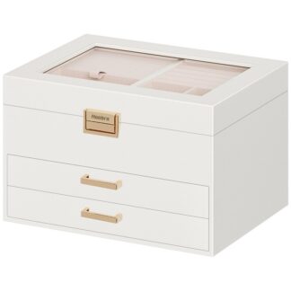 صندوق المجوهرات مع غطاء زجاجي, 4 صندوق تنظيم المجوهرات ذو الطبقات, منظم حامل المجوهرات, حالة المجوهرات للقرط, جرس, قلادة, الأساور, هدية للأحباء, أبيض