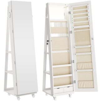 360 خزانة المجوهرات الدوارة مع الأضواء, خزانة المجوهرات مع مرآة كاملة الطول, خزانة تنظيم المجوهرات الدائمة القابلة للقفل, مرآة مكياج LED مدمجة, هدية إبداعية, أبيض