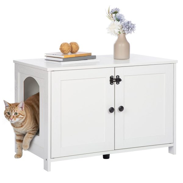 White Cat Litter Box Enclosure, Wooden Hidden Litter Furniture with Removable Divider, Multifunctional Cat House & End Side Table