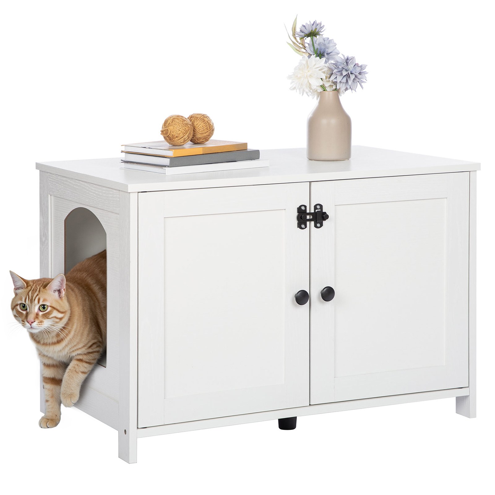 White Cat Litter Box Enclosure, Wooden Hidden Litter Furniture with Removable Divider, Multifunctional Cat House & End Side Table